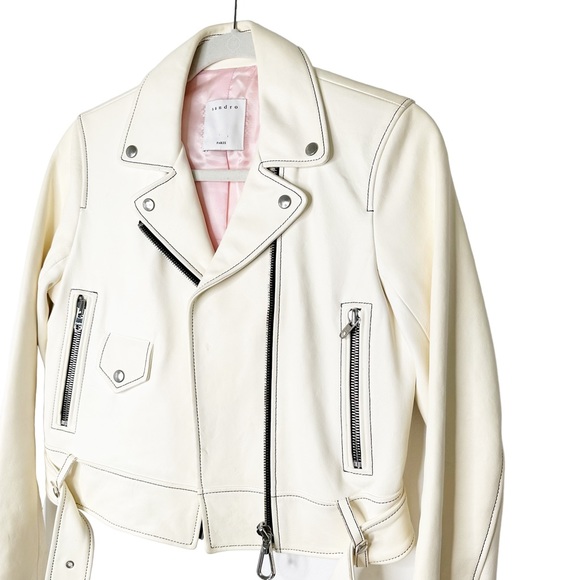 Sandro Edwin White Sheep Leather Cropped Motorcycle Jacket A1A Moto Size Small/6 - Picture 5 of 15